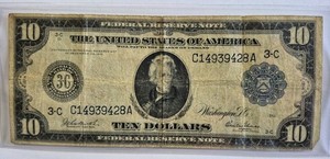 1913 Philadelphia Pennsylvania Federal Reserve Large Ten Dollar Blue Seal Note