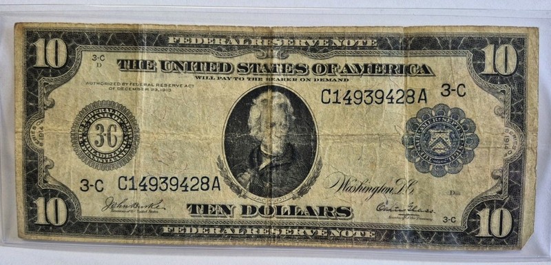 1913 Philadelphia Pennsylvania Federal Reserve Large Ten Dollar Blue Seal Note
