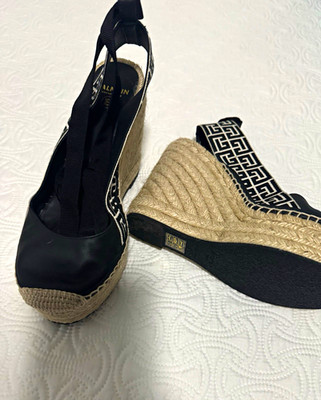 Balmain Women s Black/Beige Monogram Espadrille Wedge Heel Ankle Tie 37