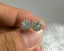 2.50Ct Round Real Moissanite Halo Women's Stud Earrings 14K White Gold Plated