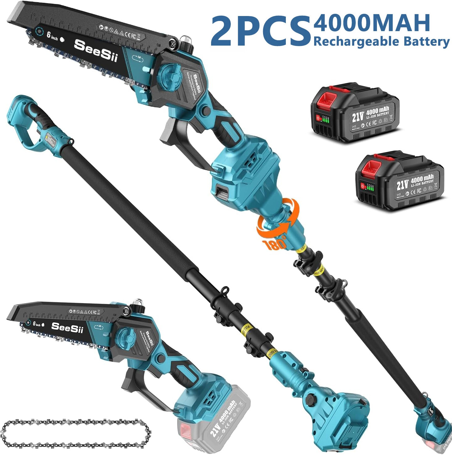 SEESII Akku Heckenschere 2-in-1 - Teleskop Bis 2,6m, 53cm Klinge