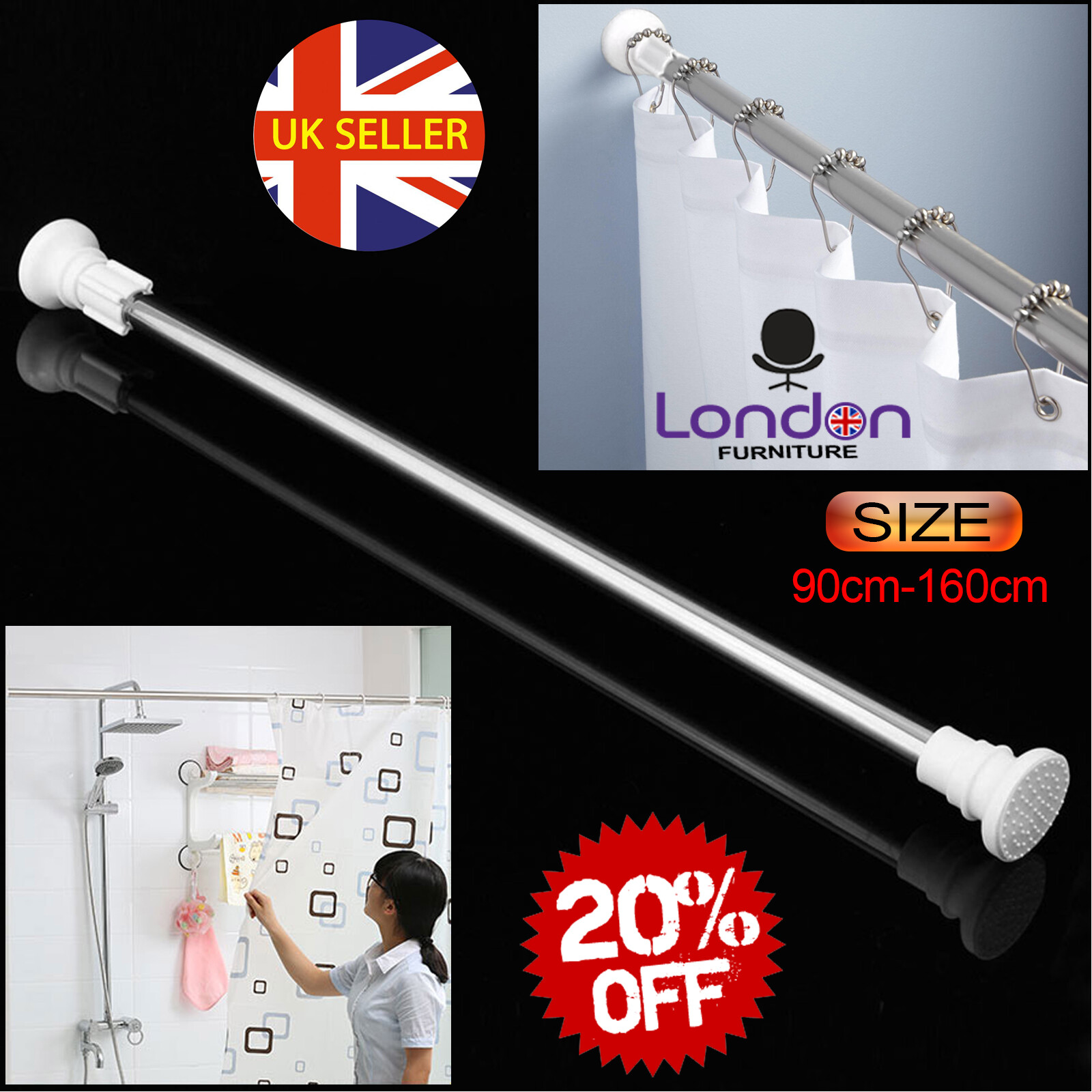Heavy Duty Extendable Telescopic Shower Curtain Pole Rail Rod Bath Door