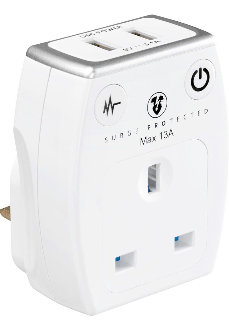 Masterplug Surge Protected Adaptor Single Socket Gloss White 2 USB ports 5.0v