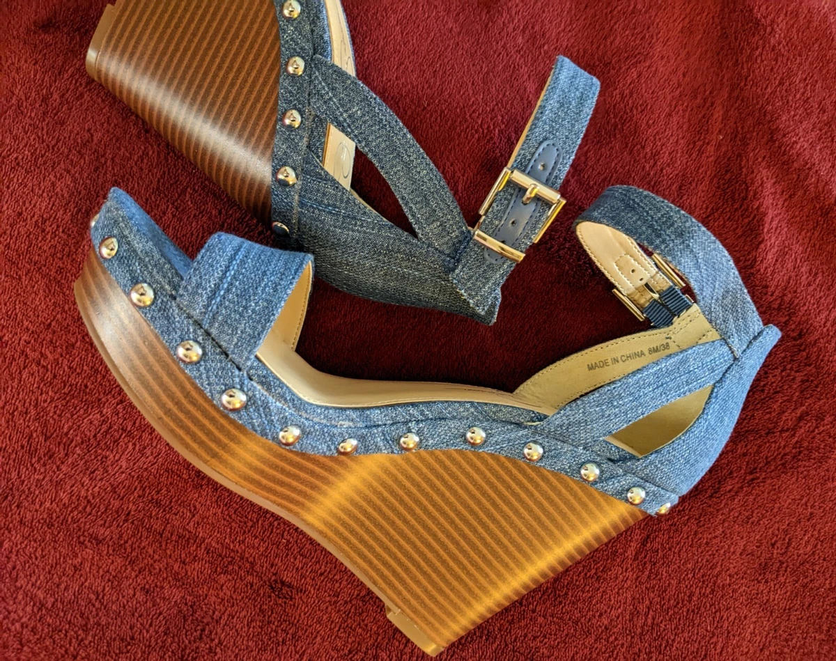 Jessica Simpson Jaylow Blue Denim Stud Ankle Strap Wedge Platform