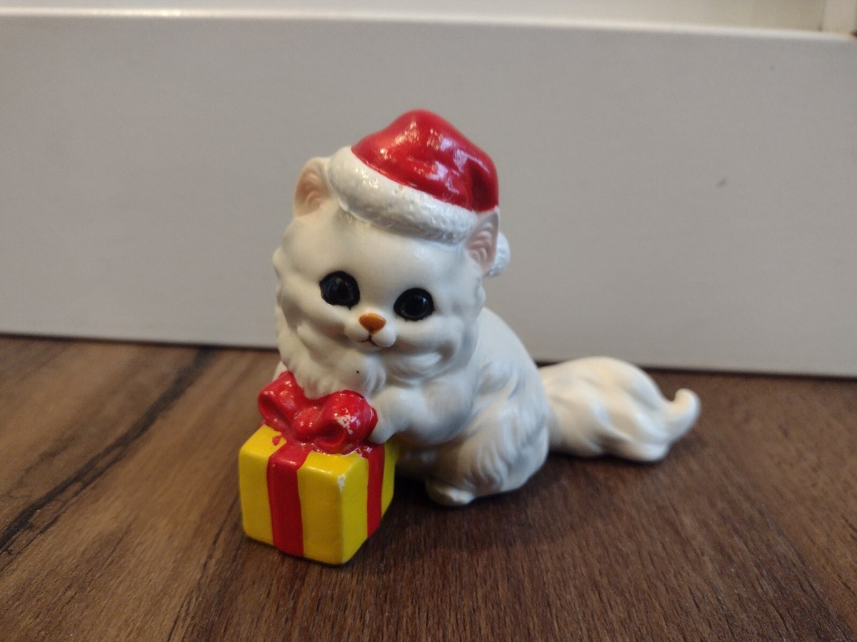 Vintage Josef Originals Christmas Cat Persian with Present Santa