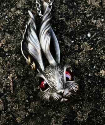 Rabbit w/ Spider Webb and Red Eyes Stainless Steel Odd Silver Pendant Jewelry
