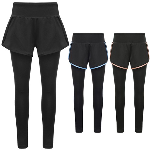 Kids Girls Pants Gym Tights Exercise Trousers Workout Sportswear 2 In 1 Dance - Picture 3 of 43