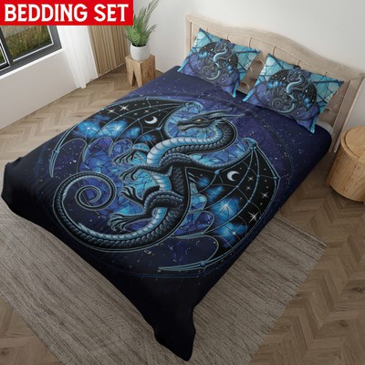 Fantasy Blue Dragon Bedding Set, Gothic Dragon Bedding, Dragon Duvet Cover