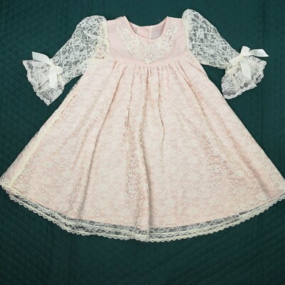 Vintage Jo Lene Dress Size Light Pink Cream Lace Overlay 3/4