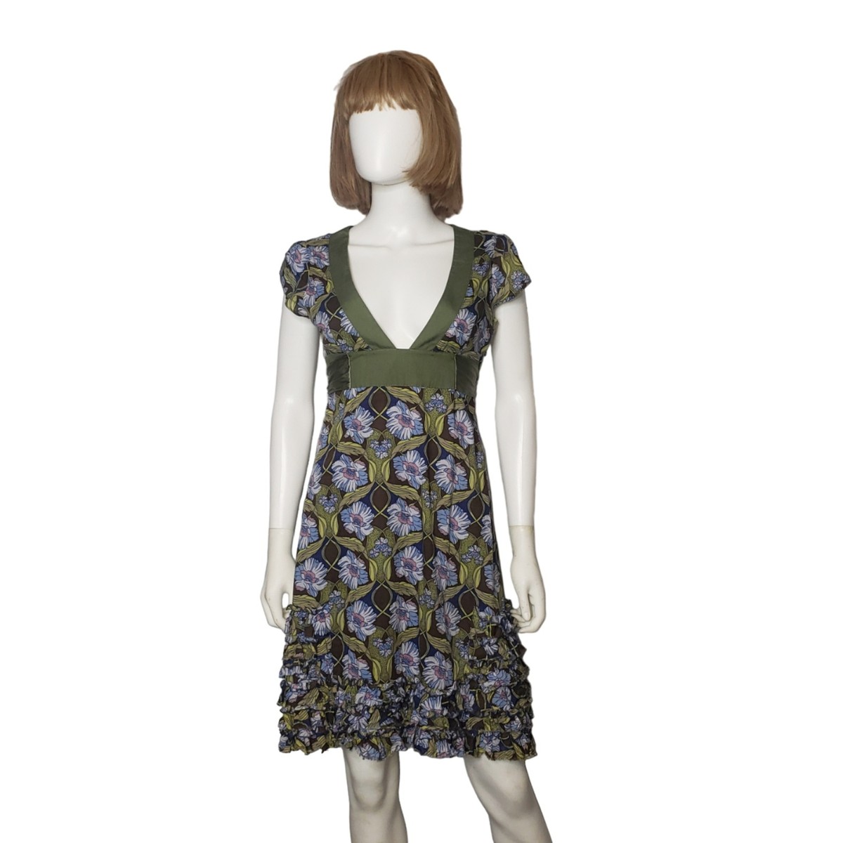 FREE PEOPLE Green Boho Empire Waist V Neck Ruffle Dress Size 4