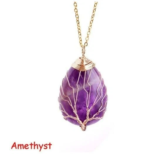 Collar colgante lágrima árbol de la vida envuelto en alambre de plata/oro Foto 3 de 4