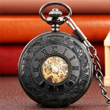 Retro Unisex Hand Winding Mechanical Pocket Watch Roman Number Pendant Chain