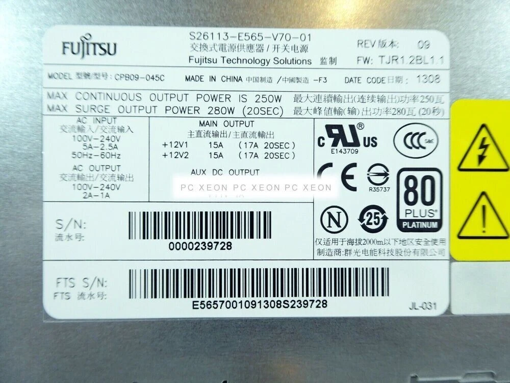 Power Supply Fujitsu Primergy TX1320 M2 M3 M4 Series 280W S26113-E564-