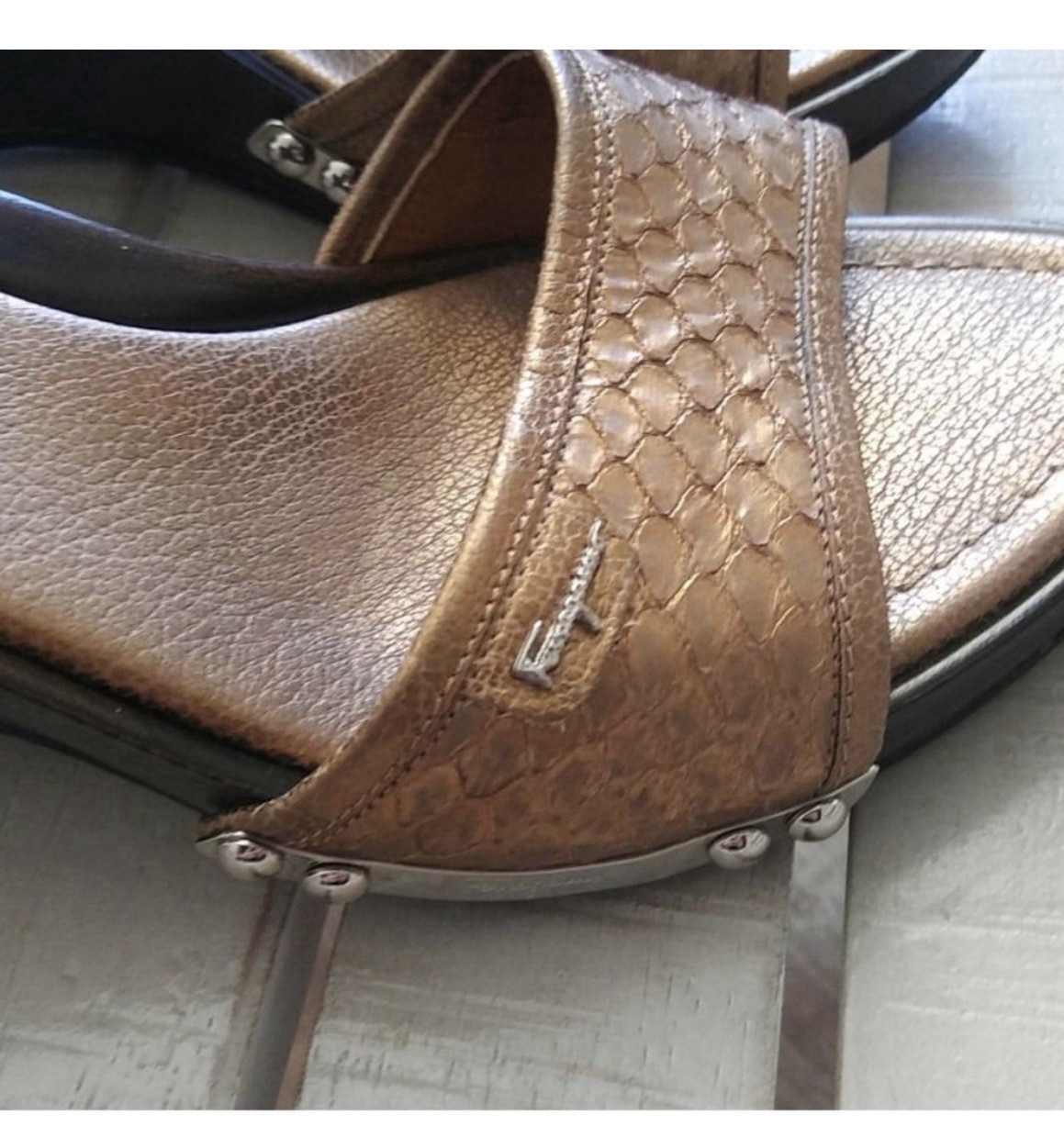 Salvatore Ferragamo Bronze Python & Leather Wedge… - image 2