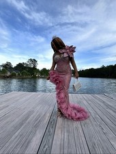 Pink Custom Made flower embellishment prom dress with slit