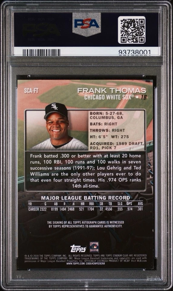 2018 Stadium Club Frank Thomas Autograph Dual Graded (PSA 8) Auto 8 POP 1 - Image 2 of 3