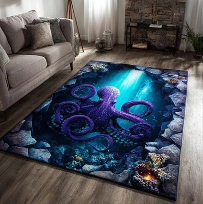 Deep Sea Octopus 3D Illusion Area Rug, Underwater Cave Ocean Floor Mat