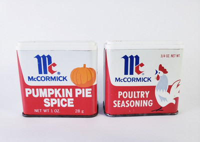 Vintage McCormick Pumpkin Pie Spice & Poultry Seasoning Tins