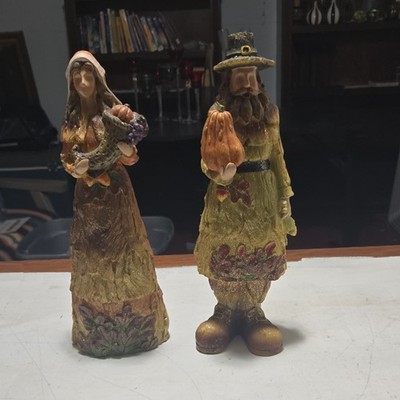 Thanksgiving Pilgrim Resin Figurines Set of 2 Brown Yellow Orange Seasonal Decor
