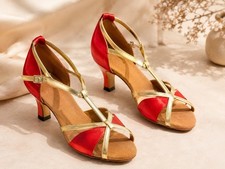 Women s Red Gold Strappy Ballroom Dance Heels Ankle Strap Dance Shoes