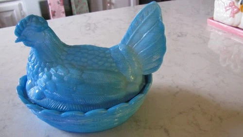 Vintage Blue Slag Glass Hen On Nest Lidded Candy Dish 6" X 5 1/4"