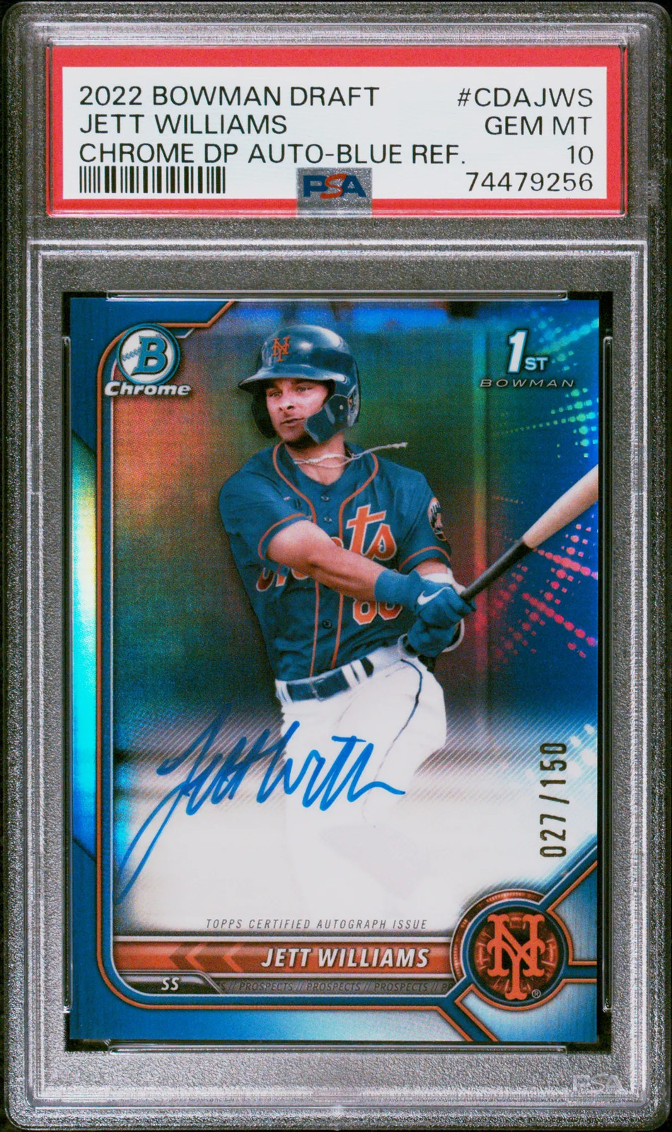 2022 Bowman Draft Chrome Jett Williams Auto Blue Refractor #CDA-JWS /150 PSA 10