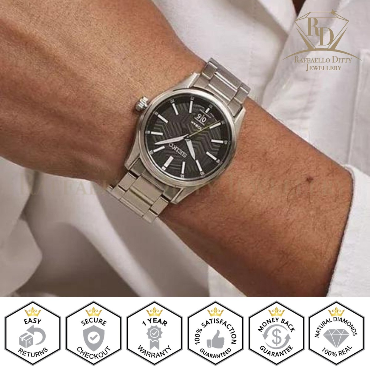 SEIKO Men's Watch Quartz Black Dial Sapphire Crystal Stainless