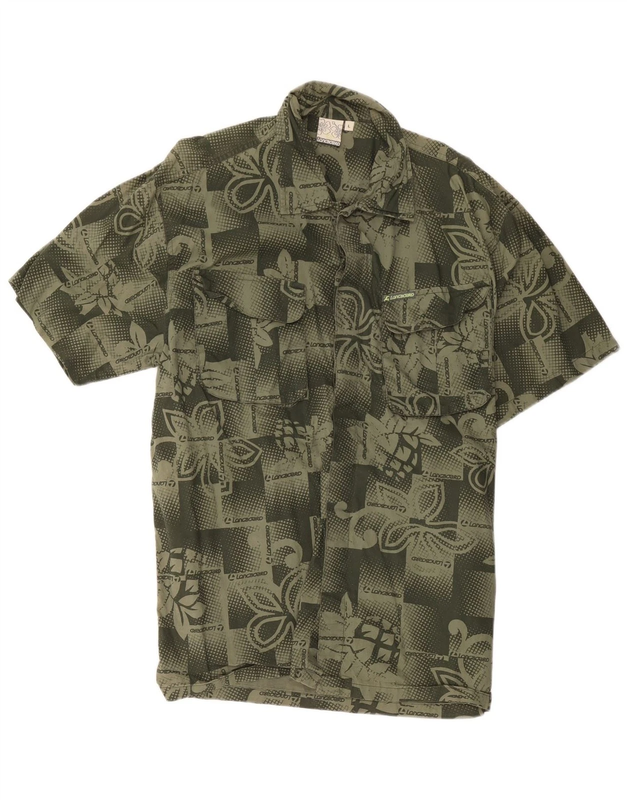 Vintage Mens Graphic Short Sleeve Shirt Large Green Floral Cotton BF13