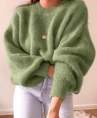 Damen Feinstrick Oversize Pullover Grün Rundhals Langarm Ballonärmel S M L XXL