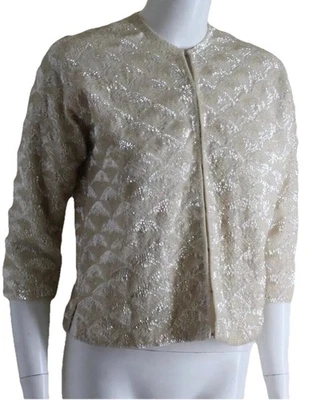 ESTATE Vintage 1960s Fine WAVING Fans SEQUIN Beaded Wool Cardigan Sweater S M 40 - Image 1 of 4