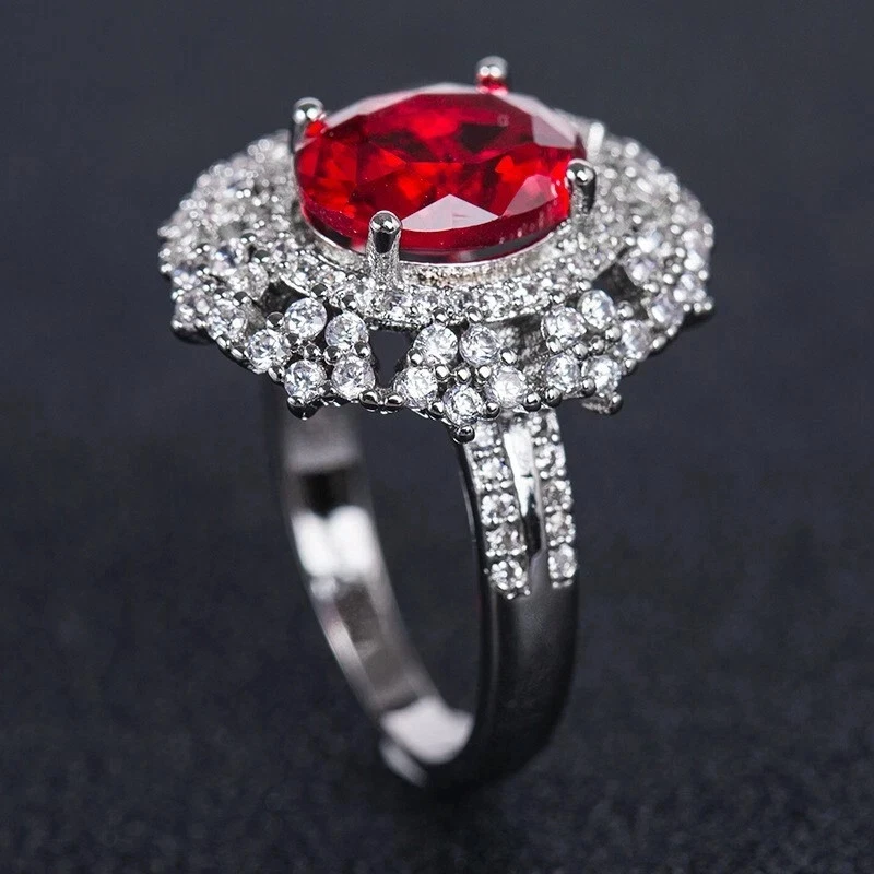 Anillo racimo solitario de lujo 2,37 quilates ovalado simulado rubí chapado en oro blanco de 14 quilates Foto 2 de 4