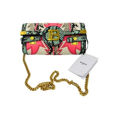 Balmain B-Buzz Clutch Crossbody Bag Neon Pink White Snake Effect Leather Chain 