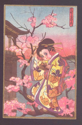 CHIOSTRI...JAPANESE GEISHA CLIMBS CHERRY TREE,TAKES BIRD NEST,ART DECO POSTCARD - Picture 2 of 2