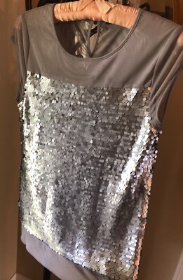 TIMELESS by NAEEM KHAN ~ New! Designer Silver Sequin Mesh Cap Sleeve Top NWOT XS