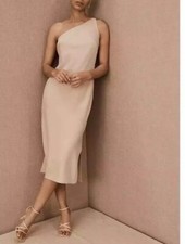 Anthropologie BHLDN Audrie One Shoulder Satin Midi Gown In Oyster Tan Size 4
