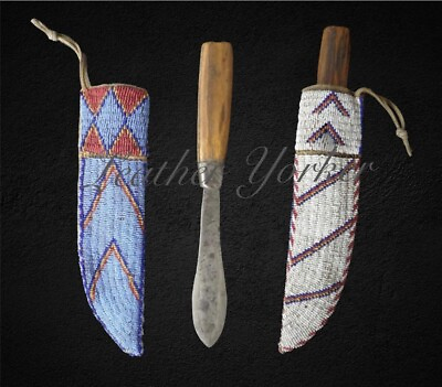 #ad Old Sioux Style Couple Of Sheaths Indian Beaded Leather Doubled Knife Sheaths $248.00