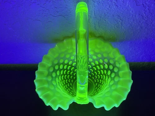 Fenton Topaz Uranium Hobnail Opalescent Basket  8” By 6.5”