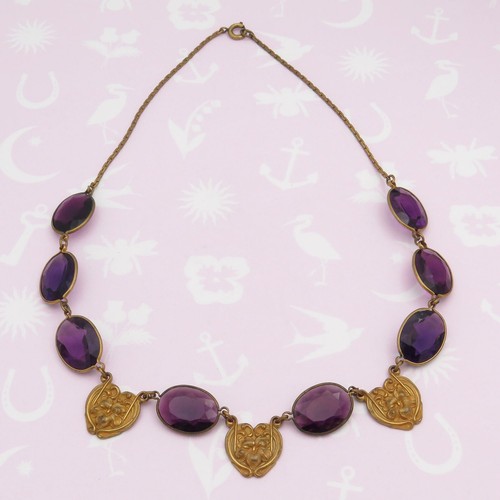 Vtg 1910s Antique Art Nouveau Bezel Set Purple Glass Repousse Flower Necklace - Picture 4 of 8