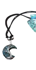 Spirit of Nature Necklace -Crescent moon-wire wrap-blue green stone-black cord