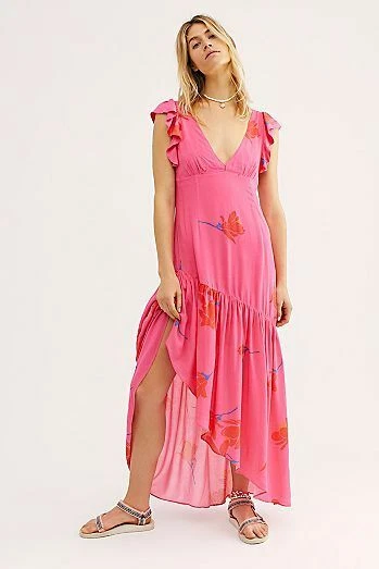 She's a waterfall hot pink cheap floral print ruffled maxi dress