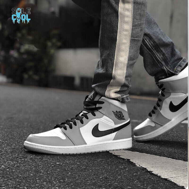 Nike Air Jordan 1 AJ1 Mid Light Smoke Grey Black White Men's Nike Air Jordan 1 AJ1 Mid Light Smoke Grey Black White Men's