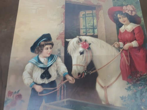 Vintage GERMAN 16" x 20" GIRLS w A HORSE Art Print - Picture 2 of 6