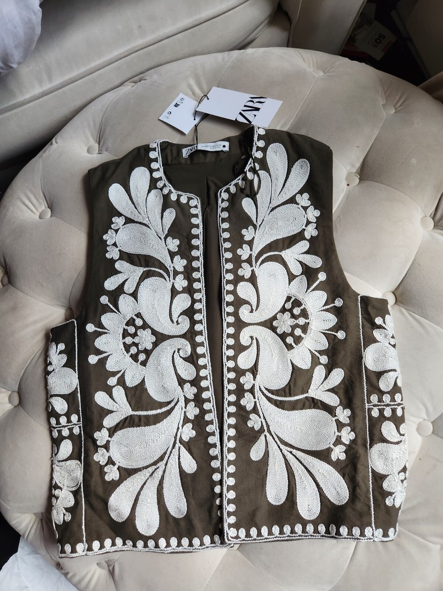 ZARA CONTRAST EMBROIDERED VEST KHAKI SIZE S BNWT | eBay
