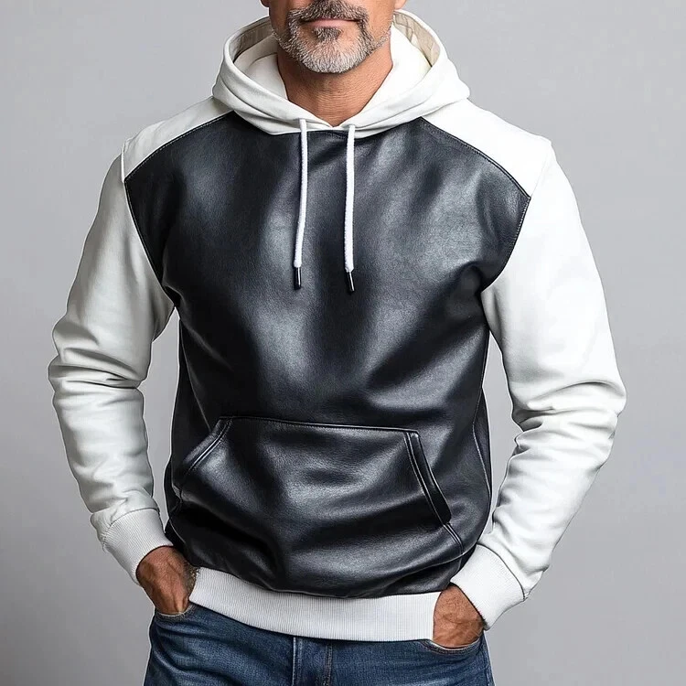 New Mens Black & White Leather Hoody. Real Soft Sheepskin Leather Hooded Jacket.