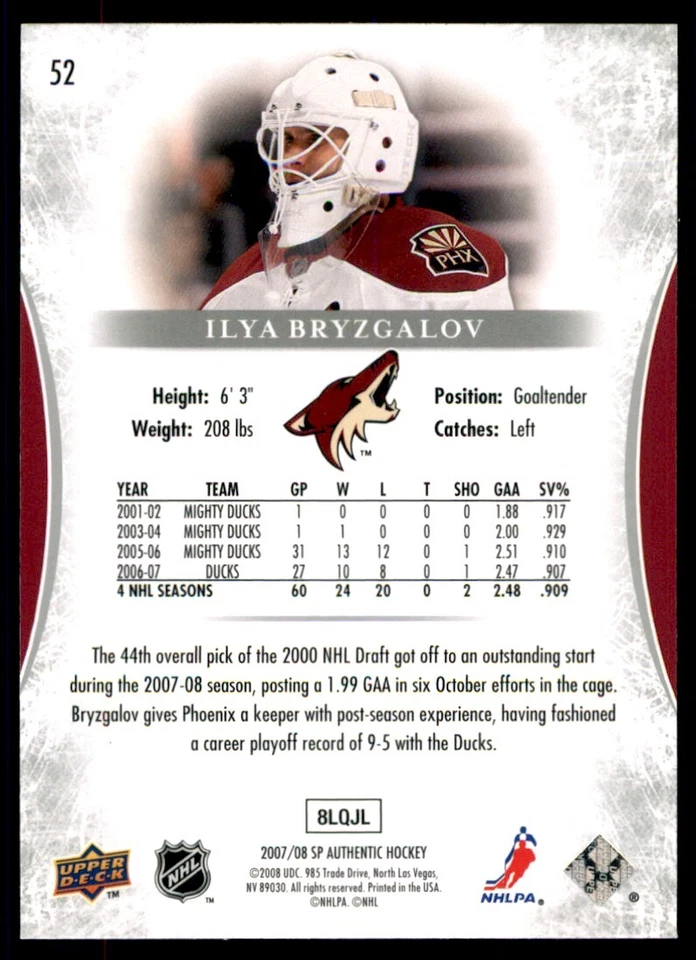 2007-08 SP Authentic Ilya Bryzgalov #52 - Image 2 of 2