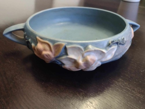 Vintage Roseville Kunstkeramik Doppelgriff blaue Magnolie Schüssel Schale Übertopf 447-6 - Bild 9 von 9