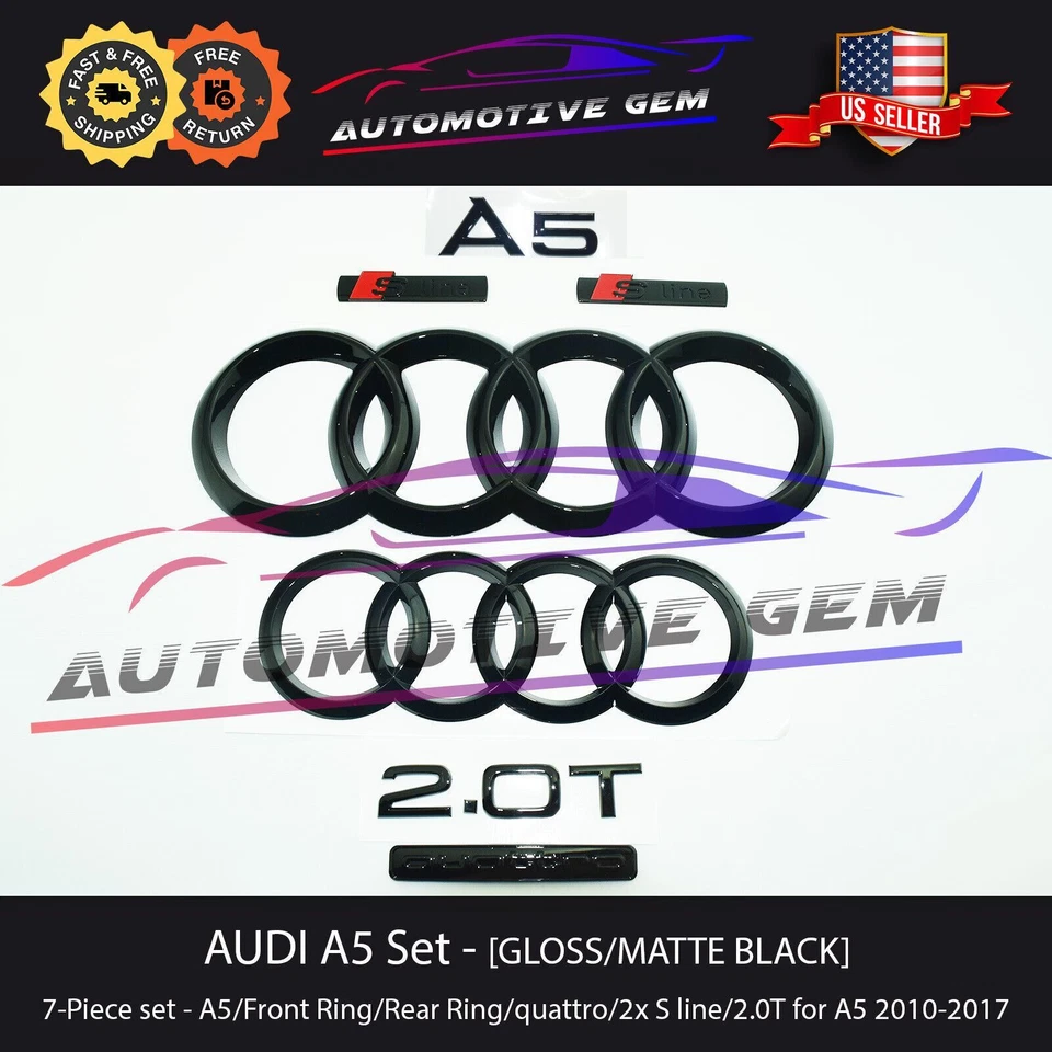 AUDI A5 Emblem BLACK Grille Trunk Rear Ring Sign Logo Quattro 2.0T S Line Set - Image 2 of 2