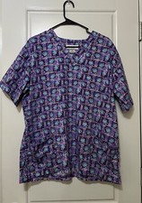 Scrub Top Shirt Womens Short Sleeve Medium Blue Florals On A Purple Base Elegant