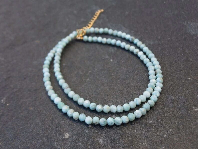 Hermoso collar gargantilla A+++ azul Larimar micro facetado redondas pequeñas cuentas 18" Foto 4 de 4