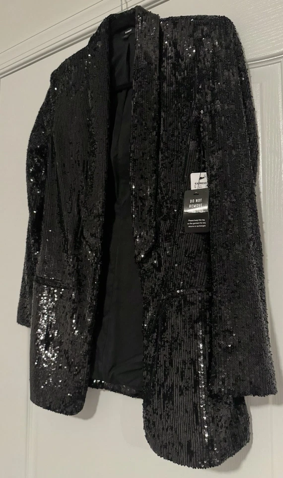 NWT Express XS Sequin Open Front Boyfriend Blazer in Pitch Black - Image 2 of 4